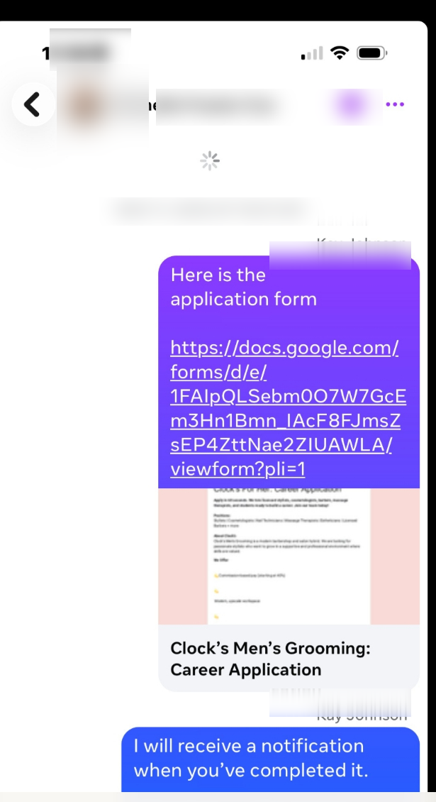 DM exchange sending a career application to a qualified candidate (personal details blurred for client privacy)