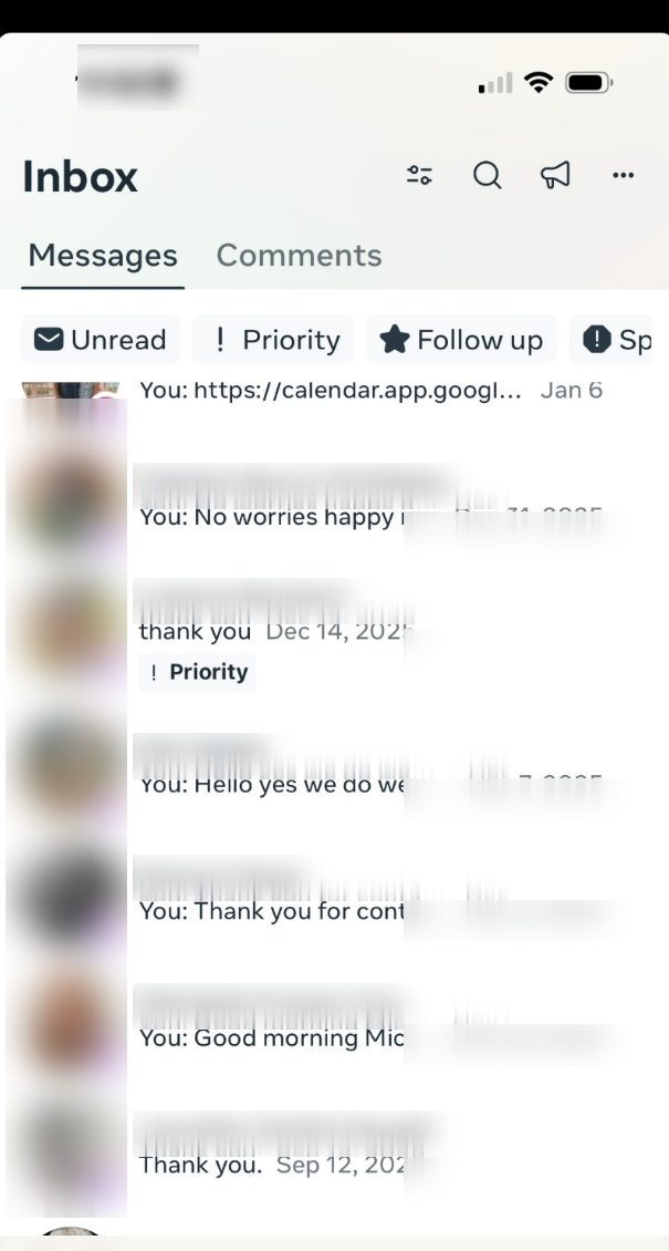 DM inbox showing active client conversations (names, faces, and dates blurred for client privacy)